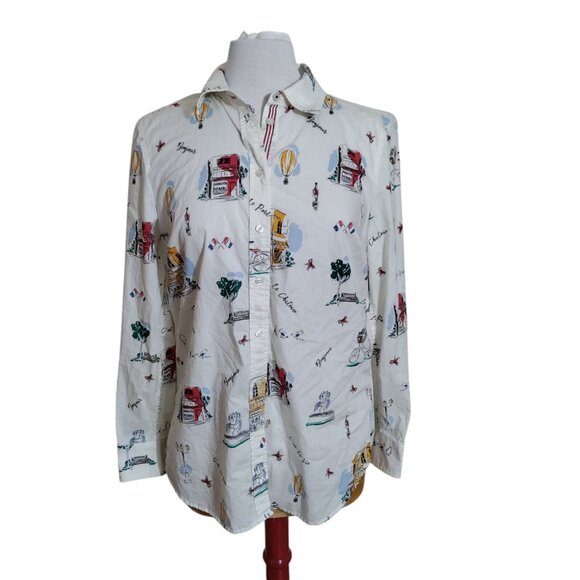 Talbot's Classic Cotton Long Sleeve Button Front Shirt W/‎ French Graphic Sz Med - Picture 1 of 8